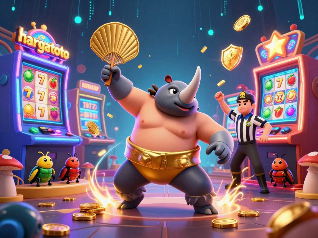 Experience the excitement of hargatoto with a vibrant 3D illustration of a beetle champion surrounded by casino elements.