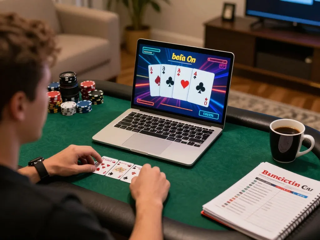 ALO8 online poker session with engaging gameplay, cozy atmosphere, and strategic notebook on table.