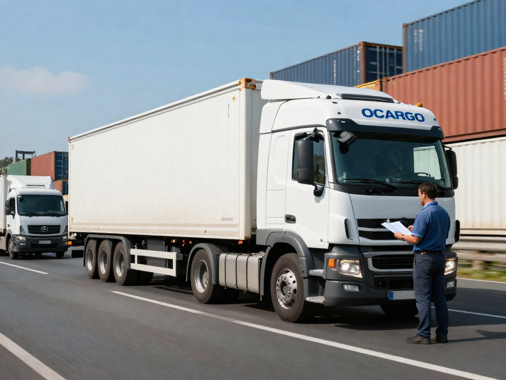 LKW Transport von Dortmund: Moderner Lastwagen mit Ladung auf der Straße, Fahrer prüft Transportdokumente in einer geschäftigen Logistikumgebung.