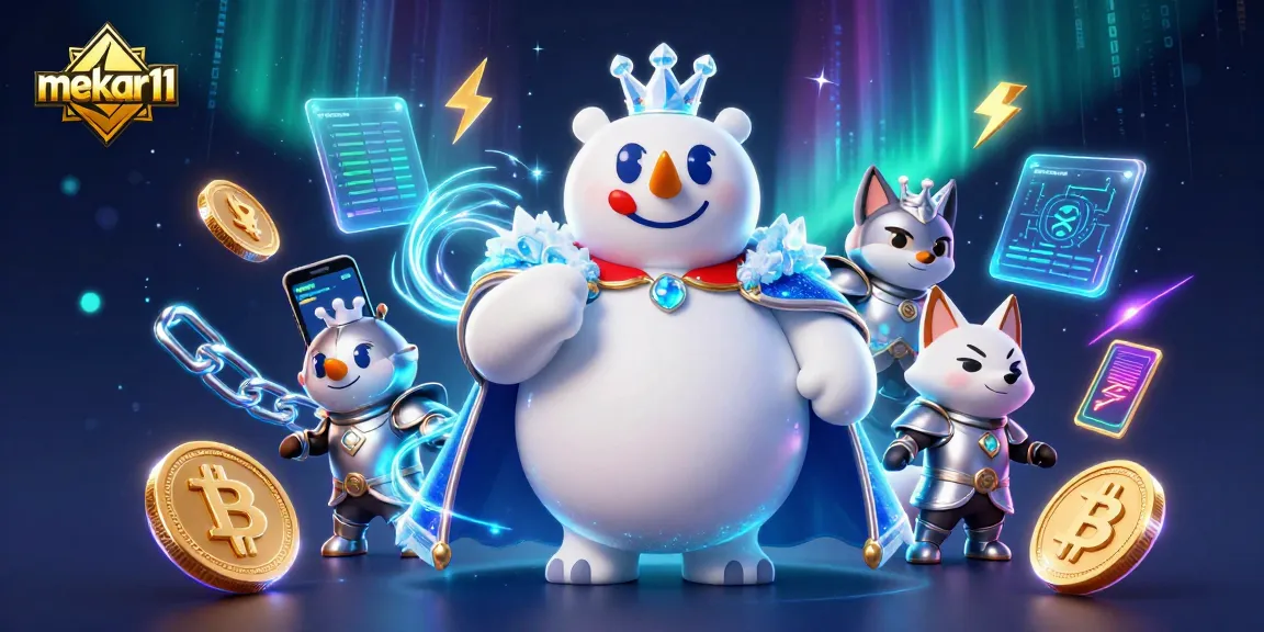 Mekar11 showcases an exciting game scene with a polar bear and snow fox amidst cryptocurrency elements.