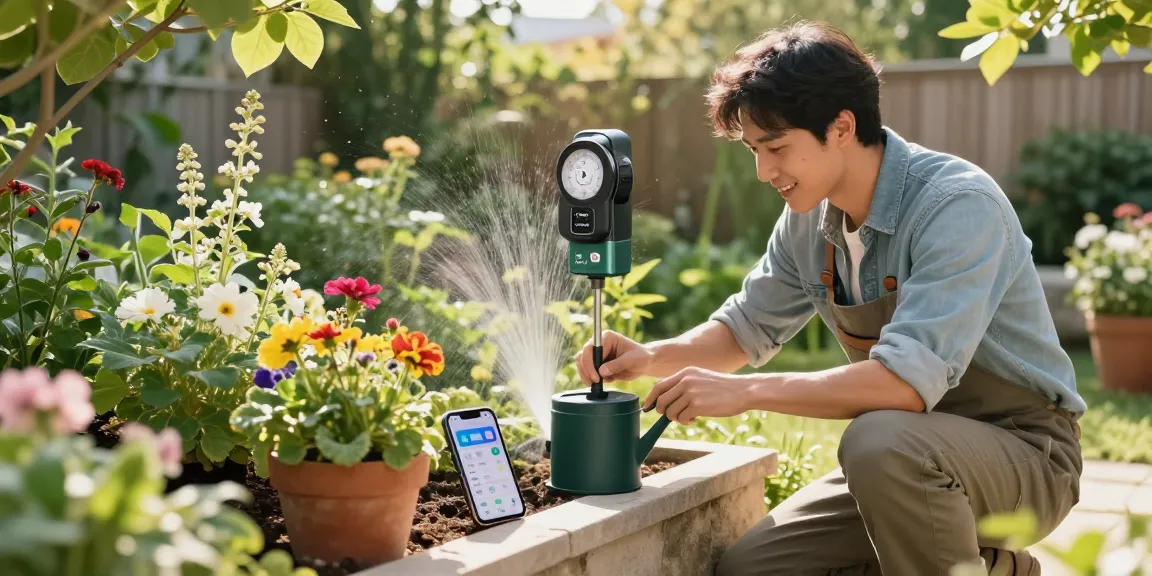 Gardener using rainpoint water timer in vibrant home garden, enhancing plant care.