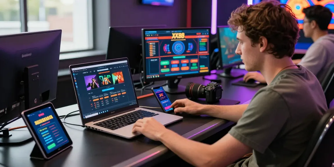 Engaging online gambler at modern desk featuring XX88 gaming platform, showcasing excitement and technology.