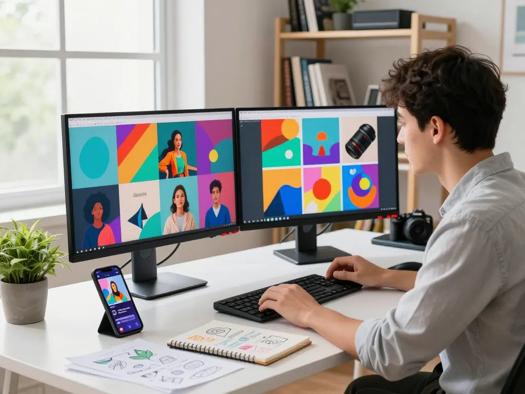 Creative workspace illustrating image to prompt ai features for AI content generation.