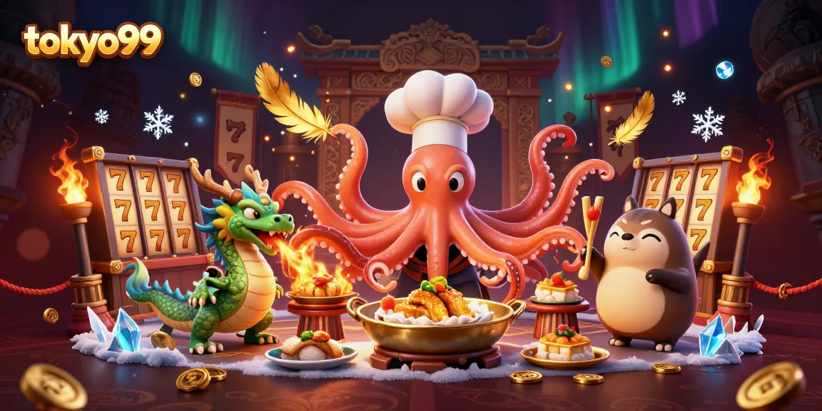 Slot online tokyo99 menampilkan koki sushi kartun dan naga menyala, makna pahala bermain slot.