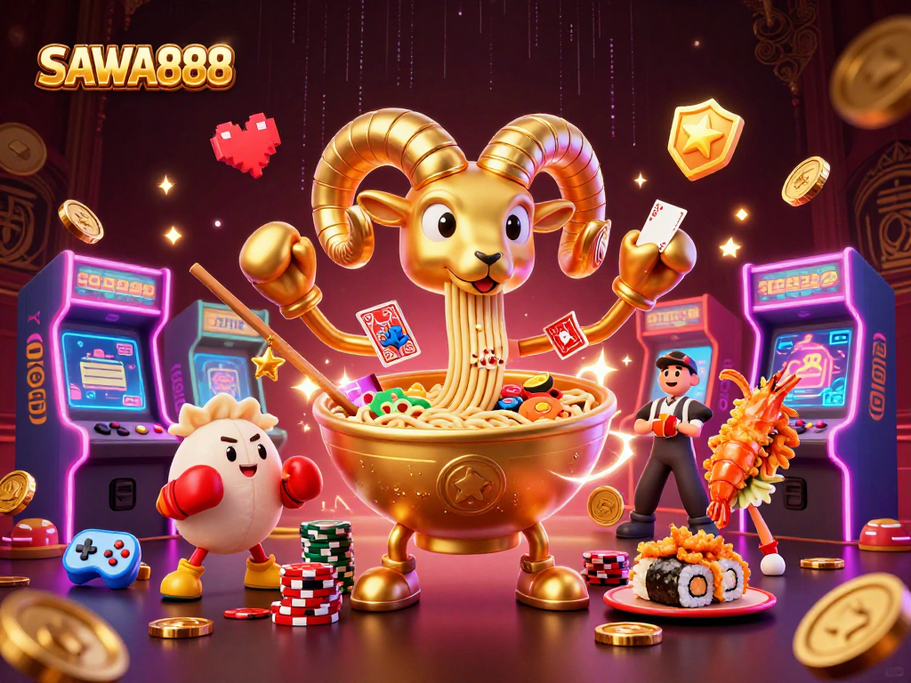 SAWA888 features a golden ramen bowl character stacking chips in a lively casino scene.