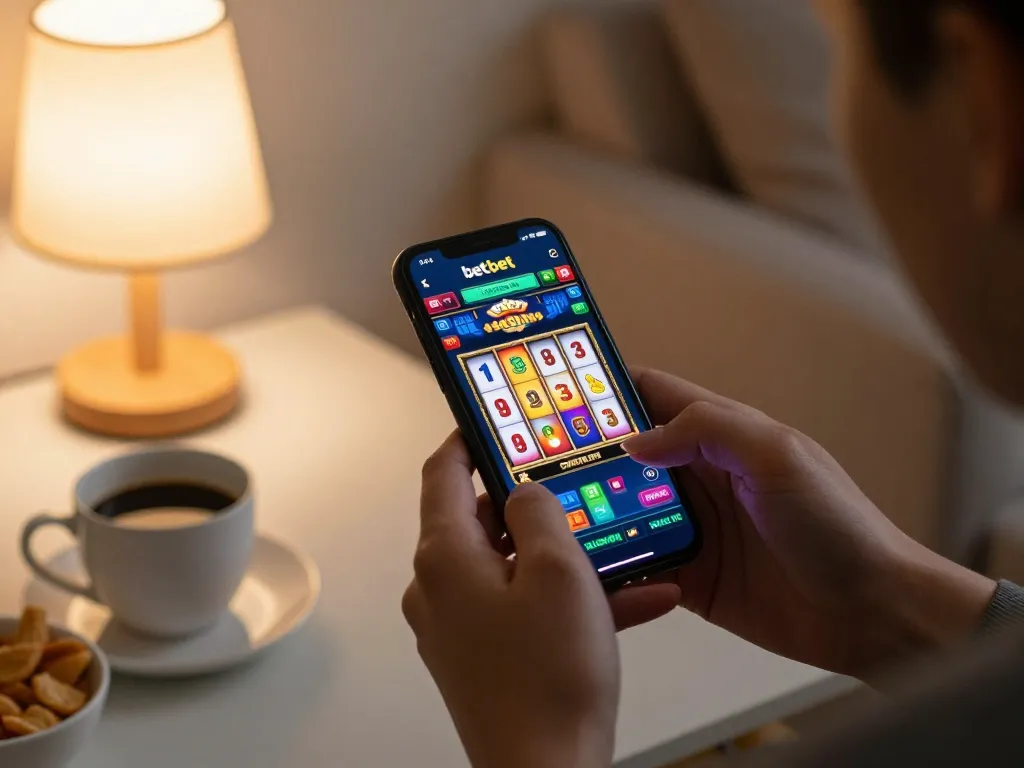 Player engaging with betbet casino app on smartphone, showcasing thrilling slot game experience.