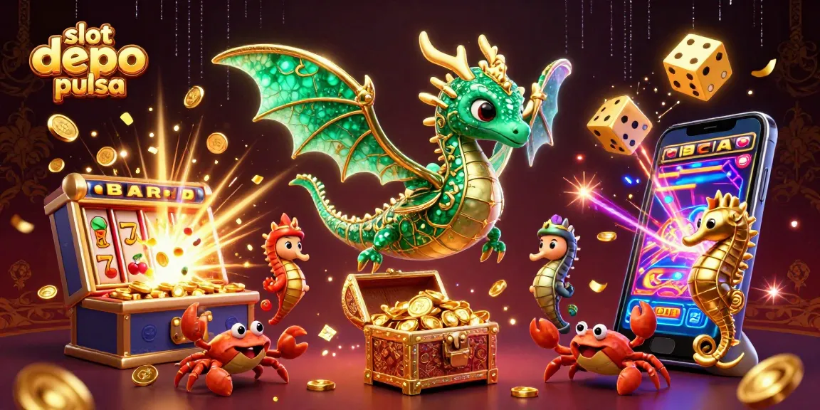 Menang besar dengan slot depo pulsa, simbol jackpot, dan elemen kasino lainnya yang menarik.