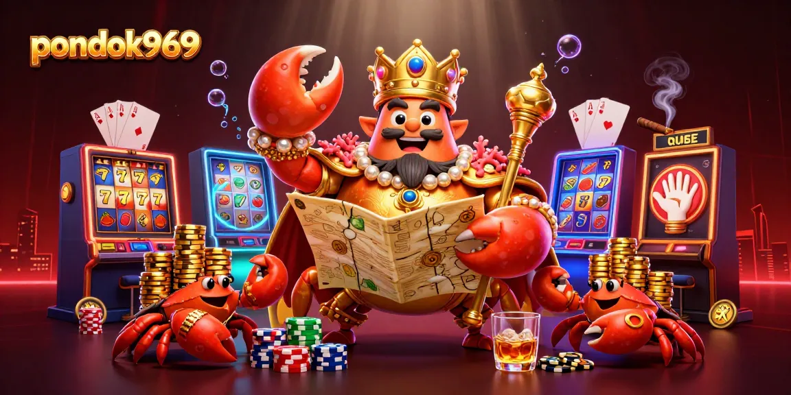 Pondok969 spins the reels with a golden crab emperor and treasures in a vibrant casino scene.