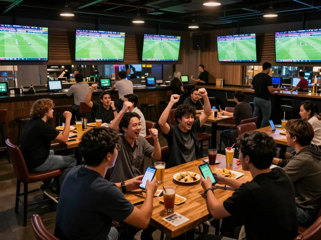 Bongdallu enthusiasts celebrate a winning bet in a lively sports bar setting.