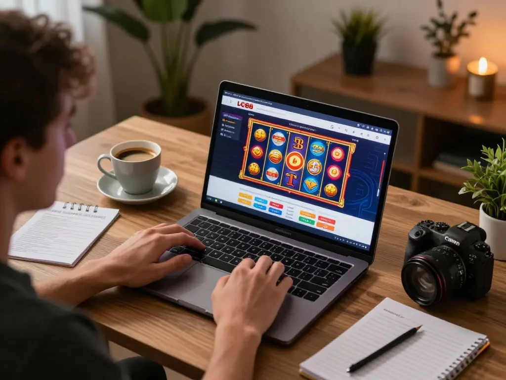 Engaging in online gaming with lc88 đăng nhập on a laptop, showcasing exciting casino gameplay.
