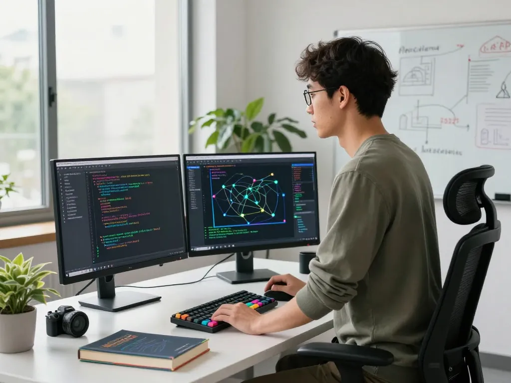 Smart contract mining development scene with an engineer coding in a modern workspace.