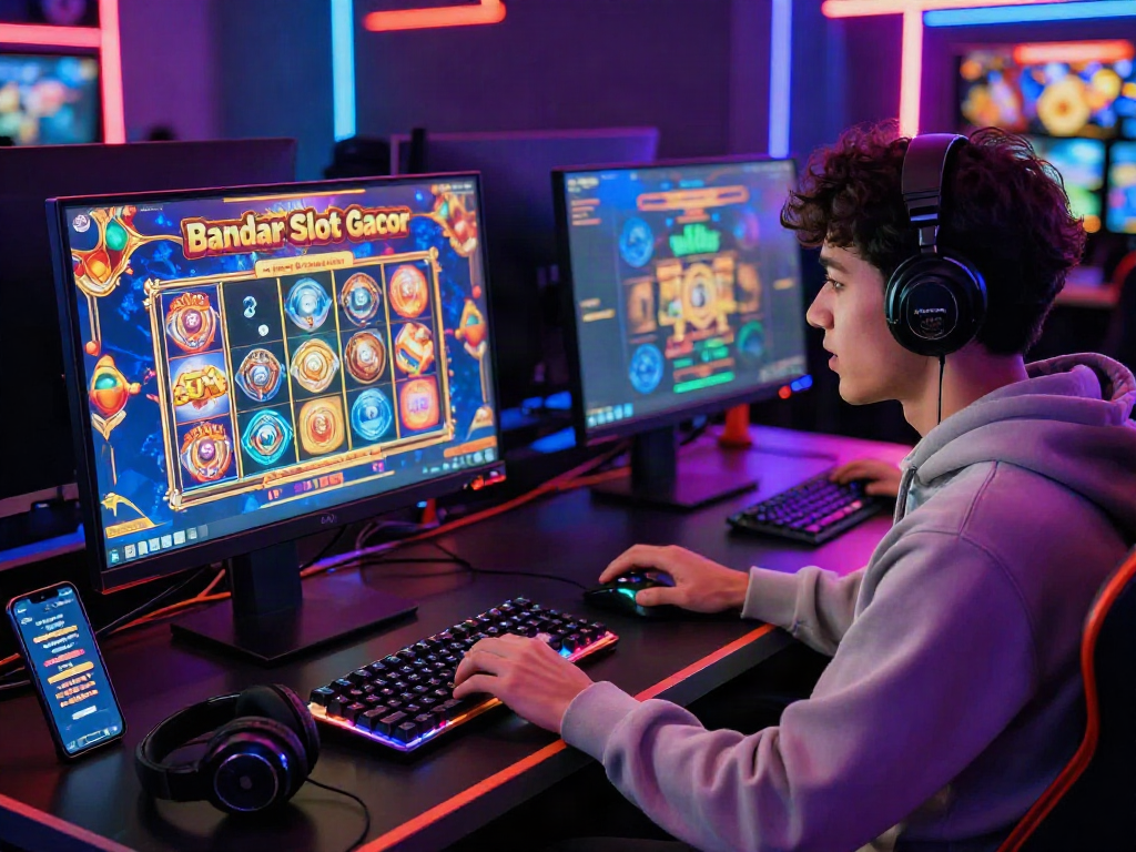 Exciting gaming scene showcasing bandar slot gacor on a high-resolution monitor, with player immersed in online gambling.