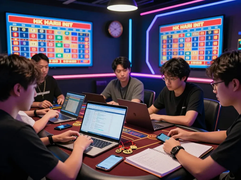 HK Hari Ini lottery results displayed in a vibrant online gambling scene with diverse players analyzing data.
