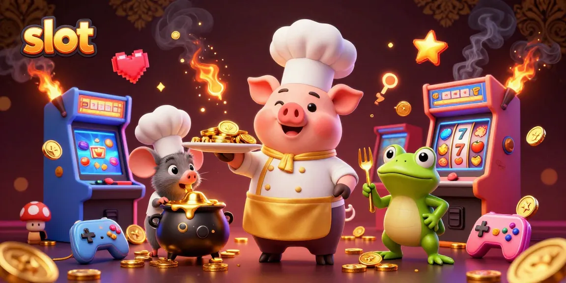 Permainan slot yang menarik dengan chef babi, tikus, dan katak di kasino yang penuh koin emas.