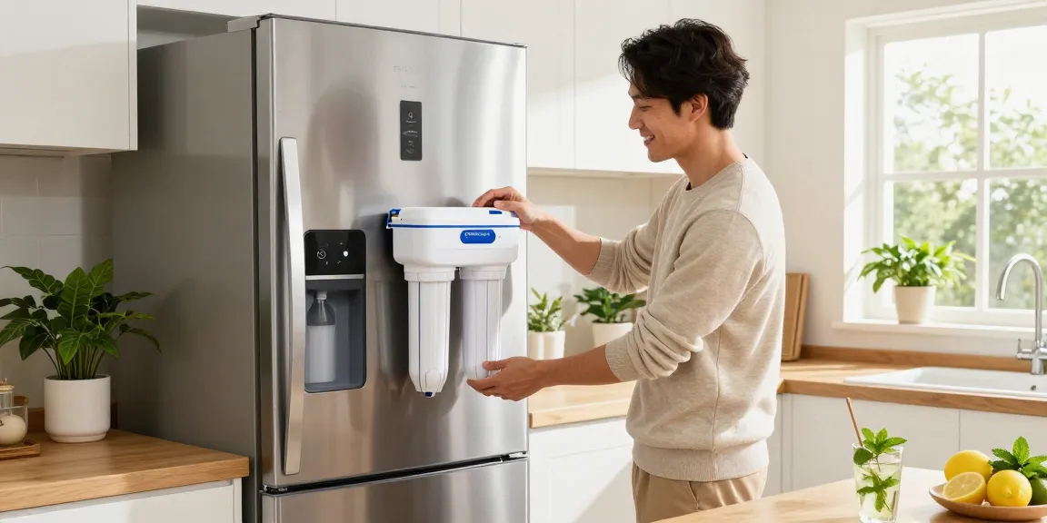 Homeowner replacing Waterspecialist EDR1RXD1 Water Filter in a bright kitchen.
