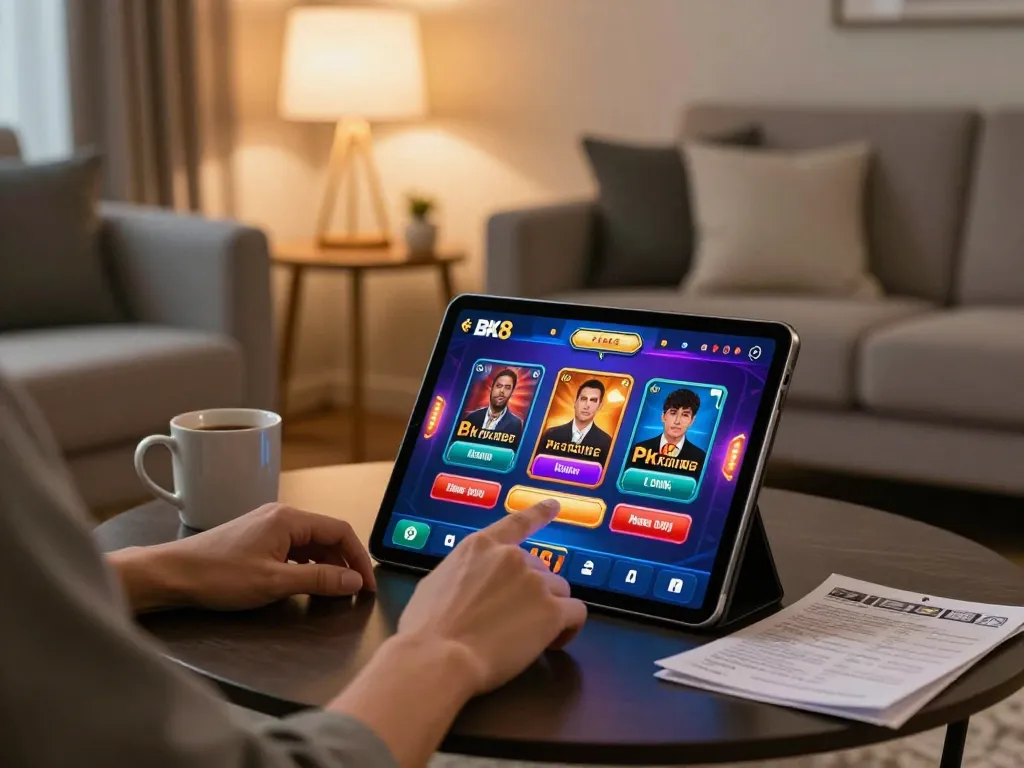 Engaging with the BK8 casino app for online gaming in a cozy home environment.