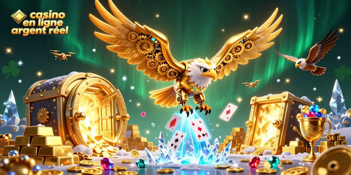 Découvrez le casino en ligne argent réel à travers une illustration dynamique d'une aigle cybernétique captivant une atmosphère ludique.