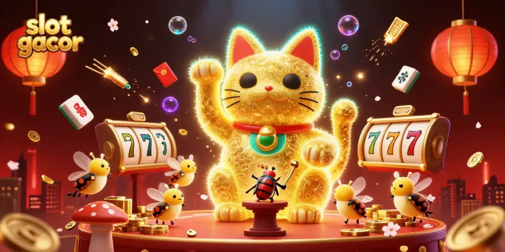 Experience the thrill of slot gacor with a vibrant 3D illustration showcasing casino elements and a lucky cat.