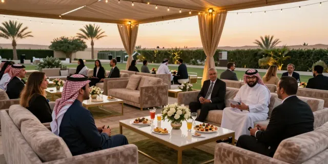 Event rental ksa setup showcasing luxurious outdoor furniture for corporate gatherings.