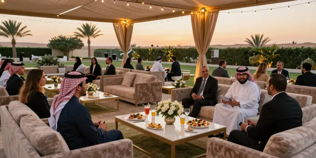 Event rental ksa setup showcasing luxurious outdoor furniture for corporate gatherings.
