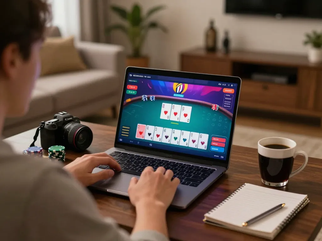 rokok88 player strategizing poker at home, showcasing immersive online gaming experience.