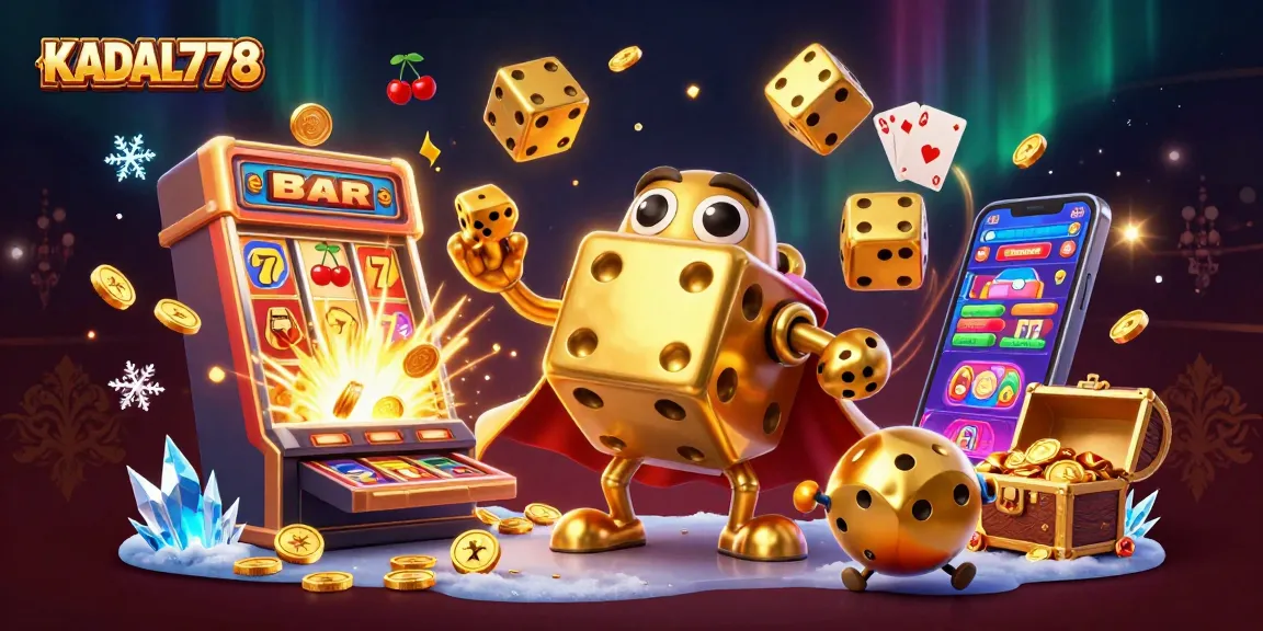KADAL778 showcases vibrant 3D casino action with golden dice, slot machines, and thrilling gameplay elements.