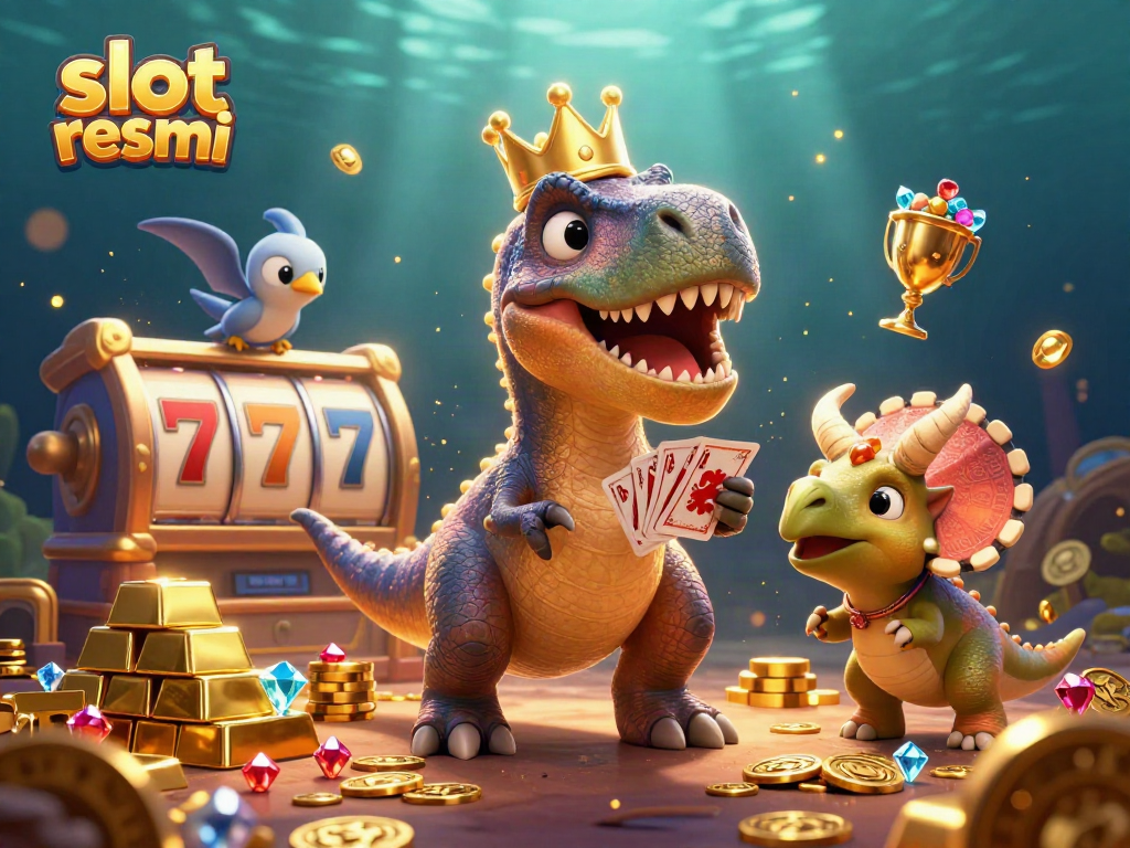 Play thrilling slot resmi games with a T-Rex shuffling cards and friends stacked with winnings.
