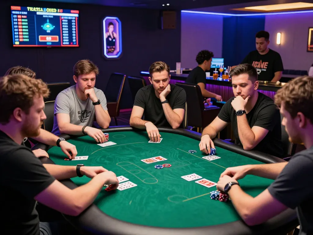 Exciting gaming atmosphere featuring players at a situs idn poker table with chips and cards.