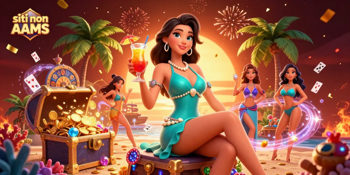Vivi un'esperienza di gioco vibrante con siti non AAMS in questa illustrazione di un casinò sulla spiaggia che presenta emozioni e tesori.