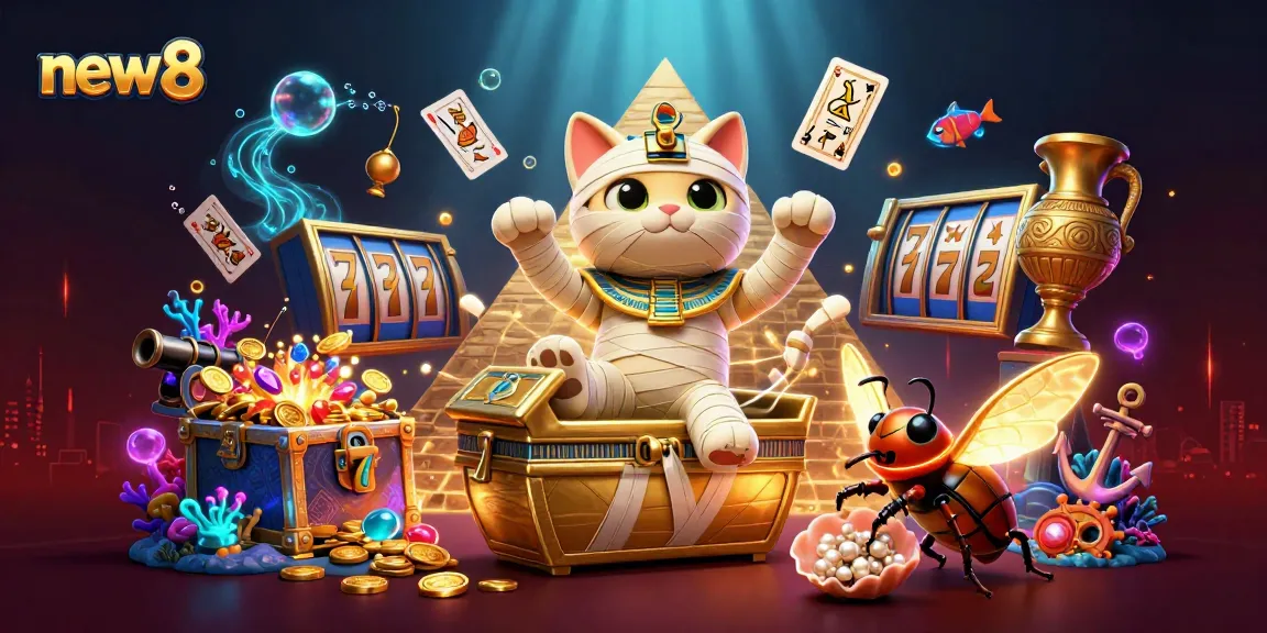 Experience the excitement of new8 casino with a dynamic 3D scene featuring a mummy cat and treasures!