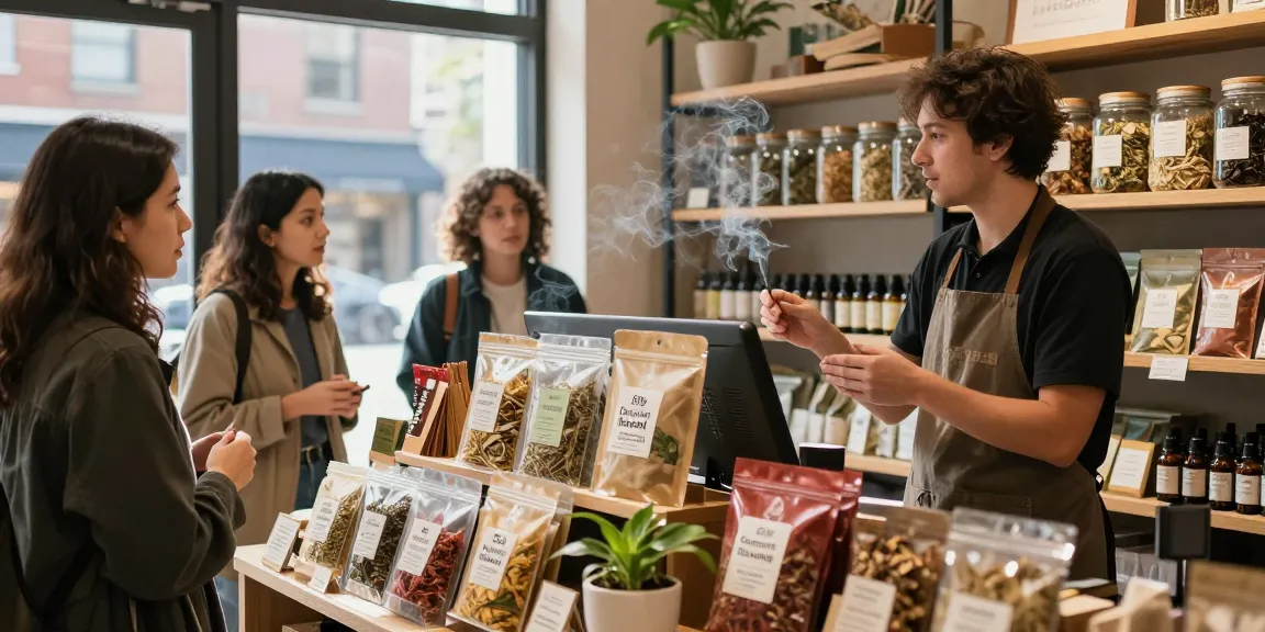 Customers exploring the shop while buying Green Caution herbal incense with aromatic atmosphere.