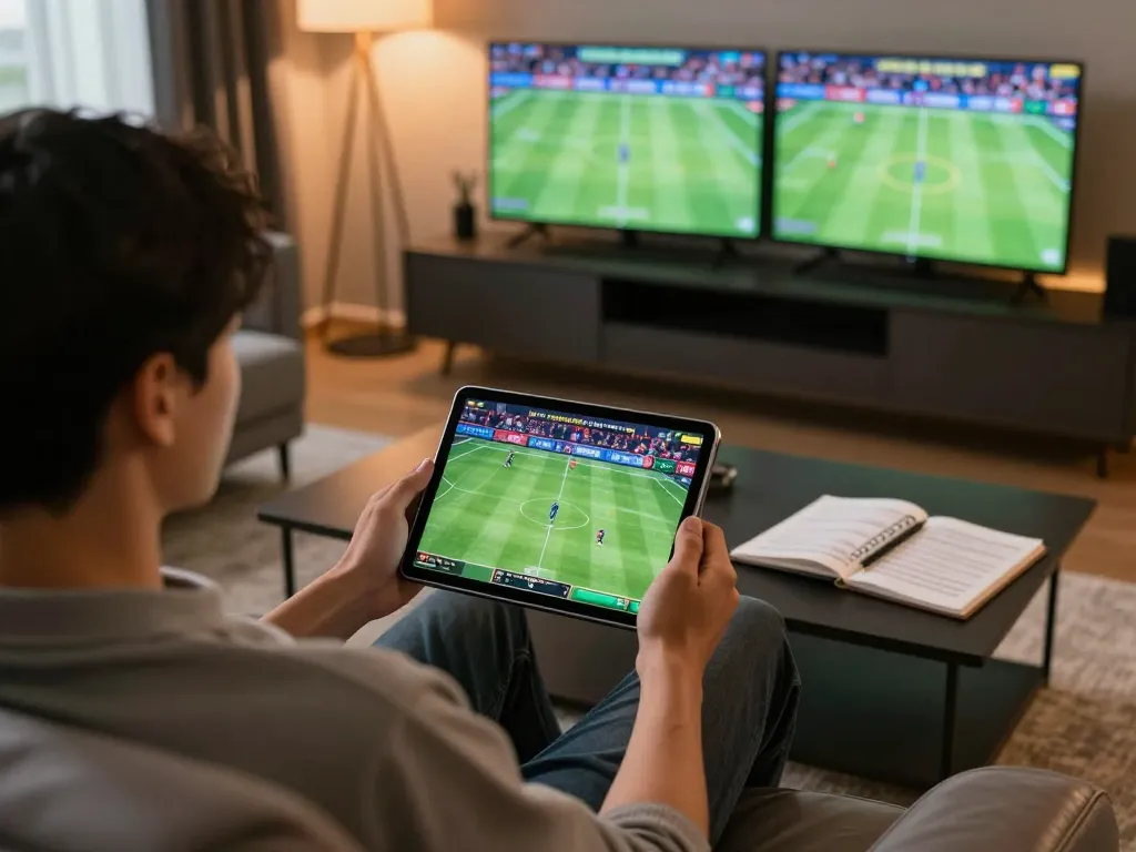 Active sports betting scene using online casinos in Canada on a tablet, comfortable home setting.