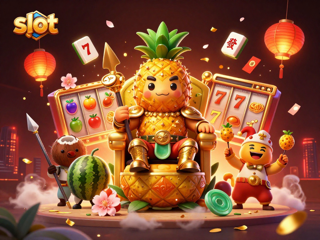 Menyemarakkan permainan slot dengan ilustrasi kasino penuh warna yang menampilkan slot gulungan dan simbol buah.