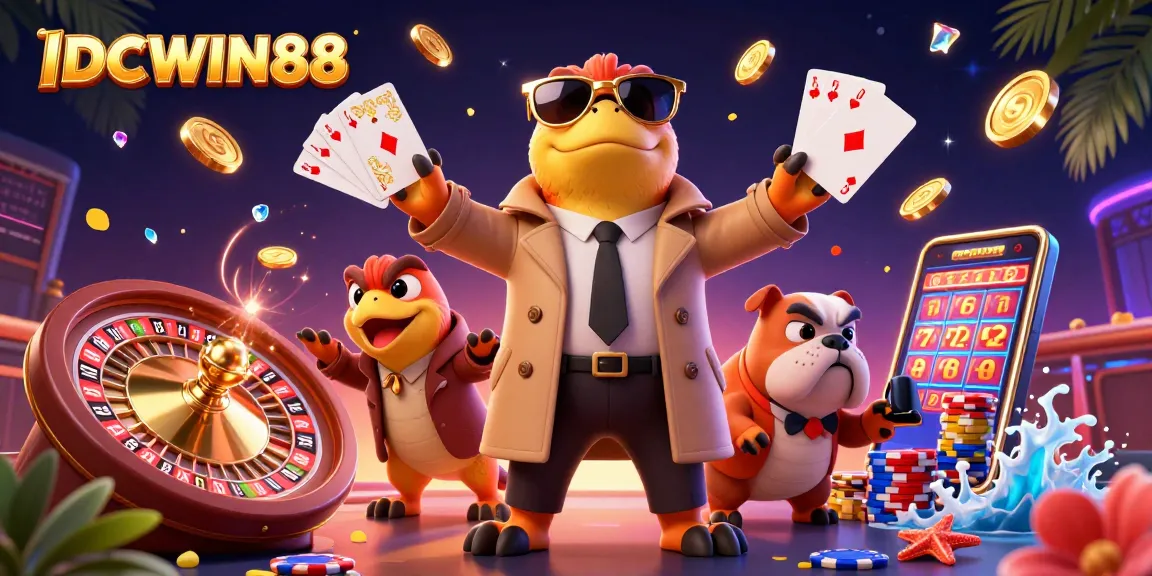 Spin and win with IDCWIN88: Cartoon raptors sneak into a VIP casino lounge amidst dazzling coins and cards.