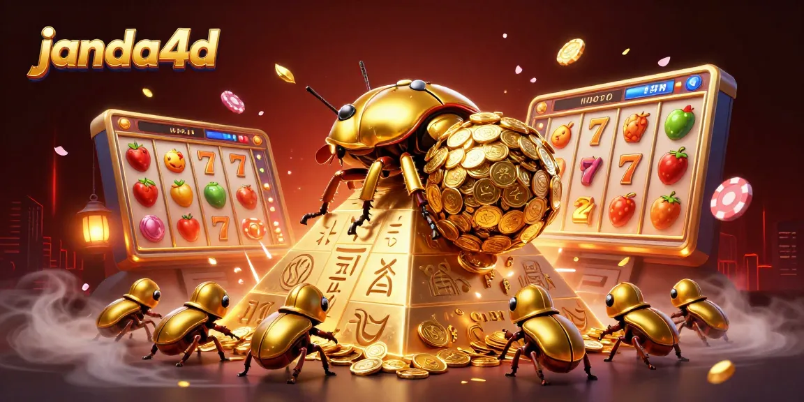 janda4d menghadirkan ilustrasi menarik dengan kumbang emas dan simbol kasino dalam suasana meriah
