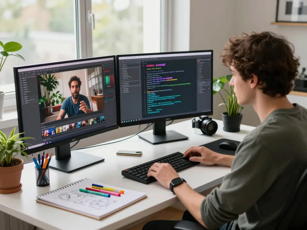 Person converting video to prompt in a modern creative workspace with tech tools and natural light.