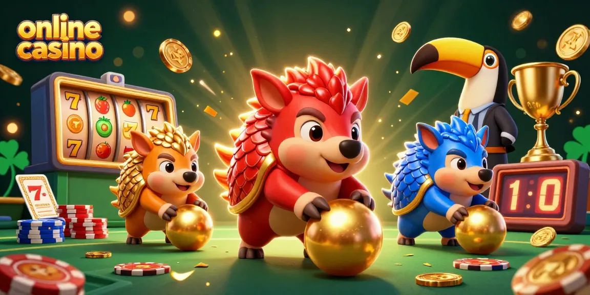 Online casino scene featuring rival pangolins bowling through poker chips amidst golden slots and vibrant elements.