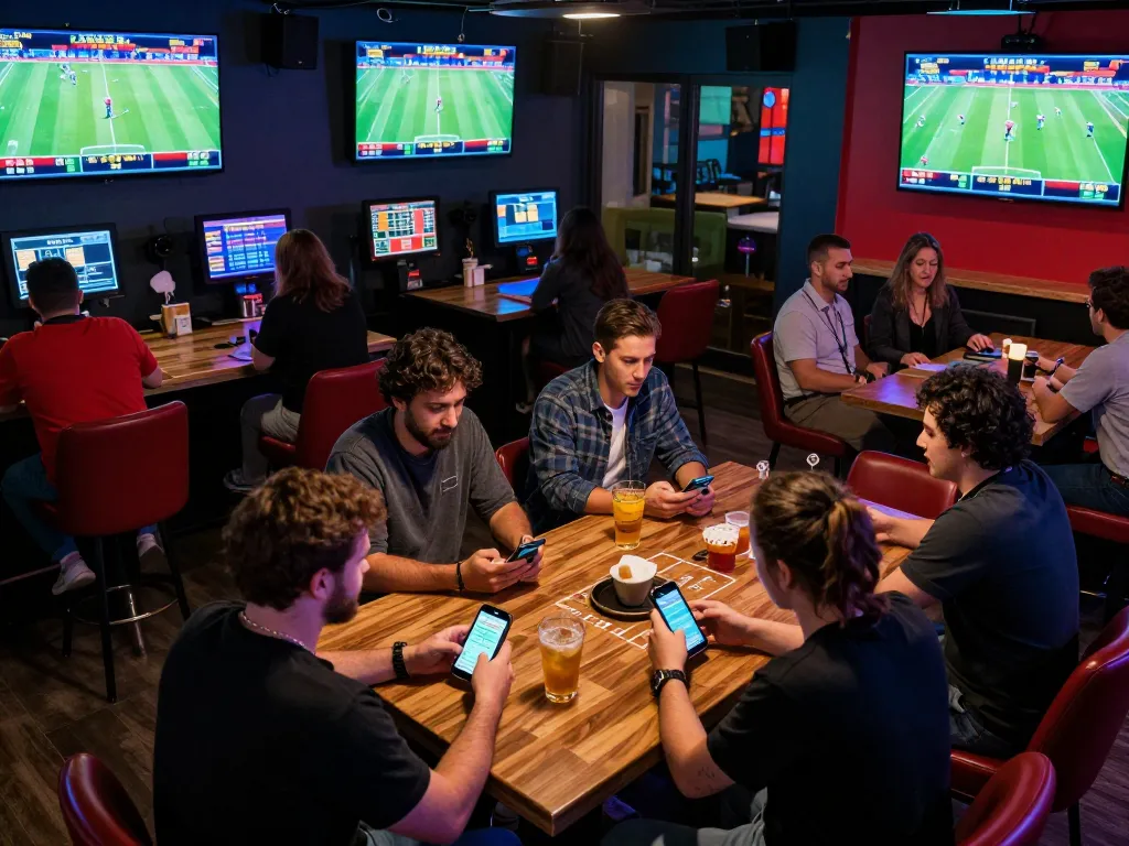 Engaging sports betting setup where friends analyze odds and place bets on sv368, capturing the thrill of the betting atmosphere.