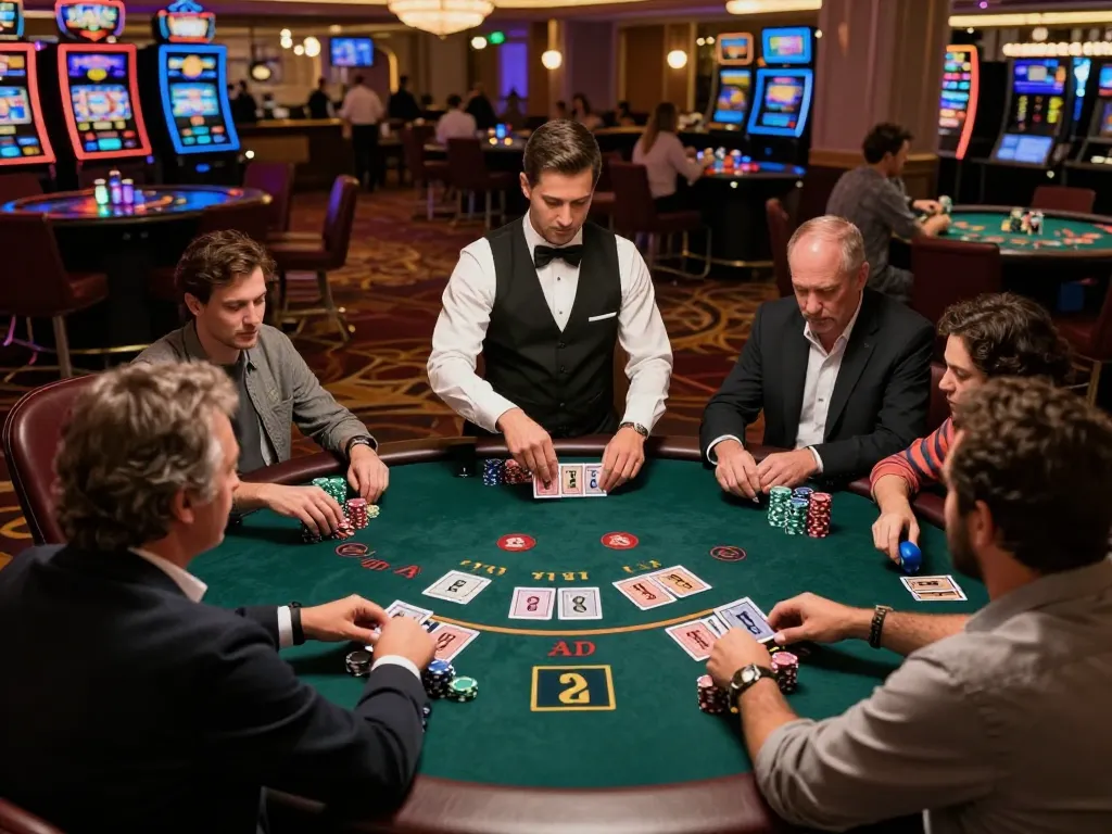 Boca Raton Construction Litigation Lawyer analyzes strategies at a blackjack table in a luxury casino setting
