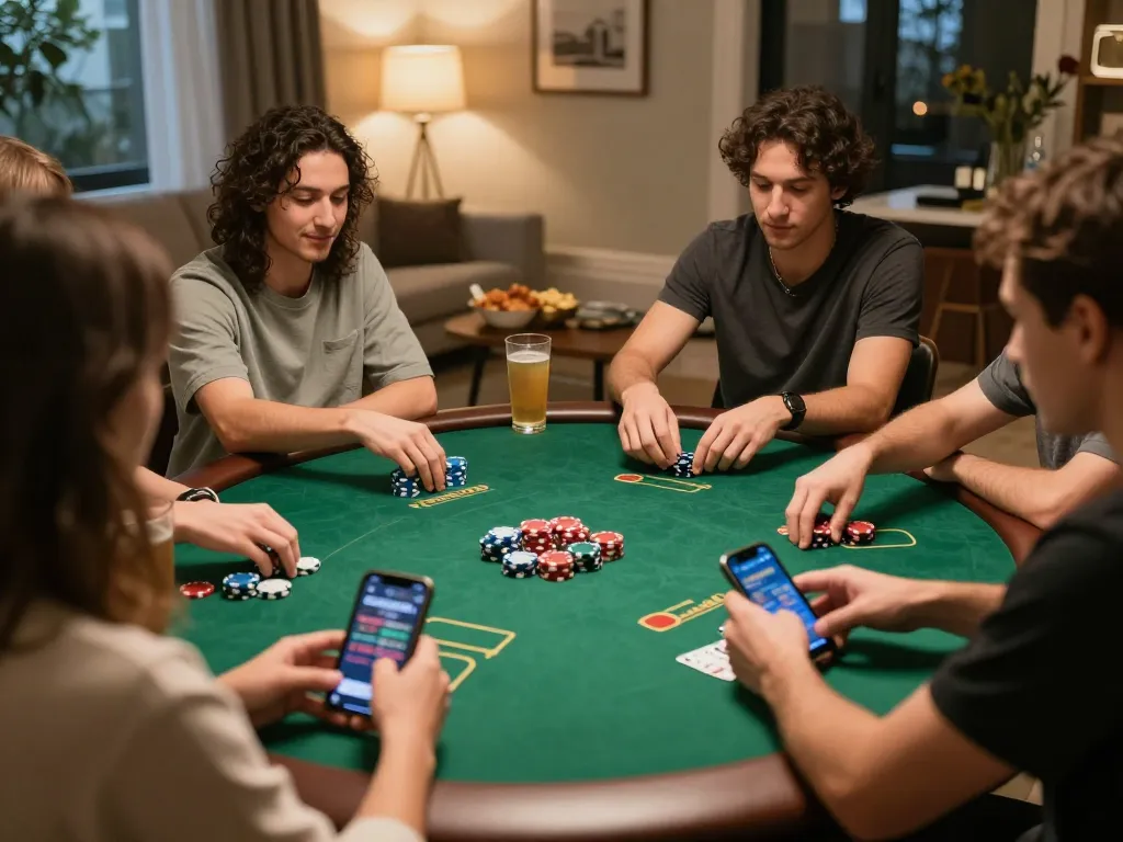 Pemain Bintangmpo terlibat dalam permainan poker di rumah, menunjukkan chip, kartu, dan diskusi ramah dalam pencahayaan malam yang nyaman