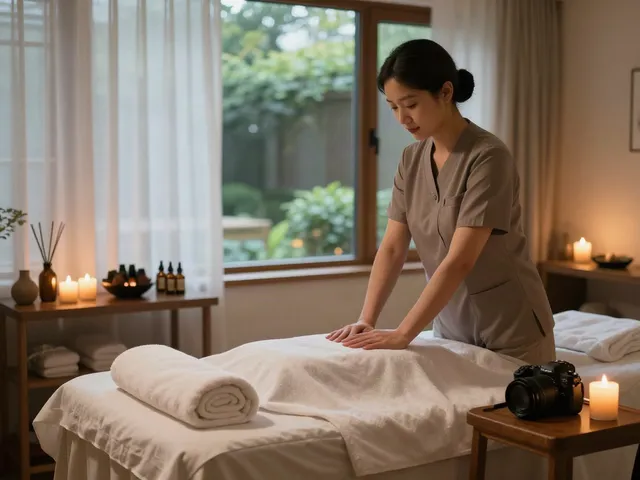 화성출장마사지 setup in a tranquil massage room with serene atmosphere and soothing elements