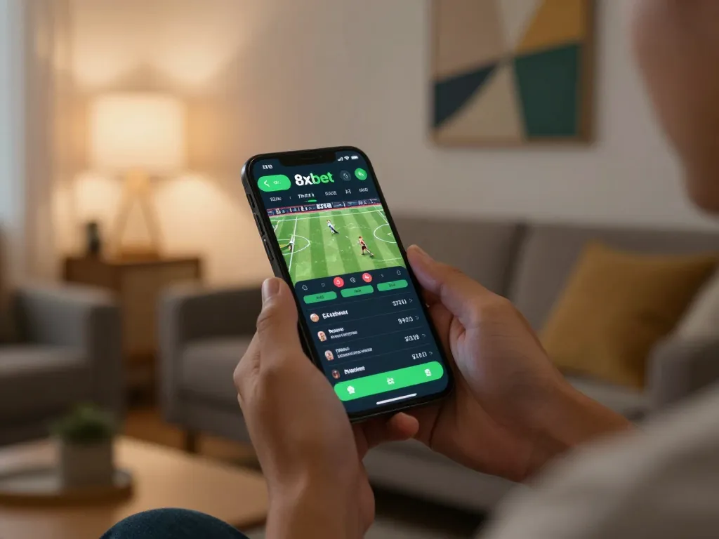 Engaging with the 8xbet app for live sports betting on a smartphone in a cozy home setting