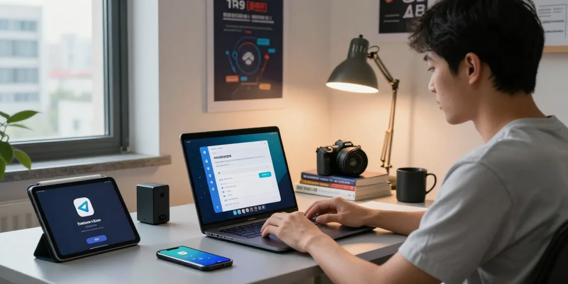 telegram china usage guide 2026 with modern home office setup featuring laptop, books, and tech devices