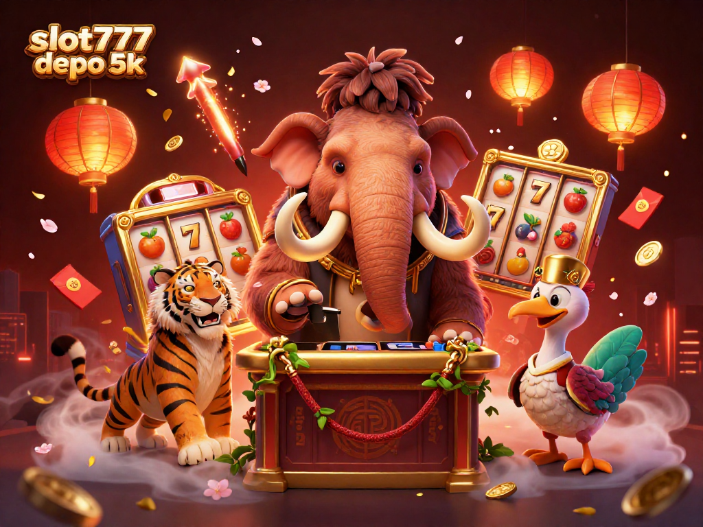 Engage in thrilling gameplay with slot777 depo 5k environment featuring a mammoth bouncer and vibrant casino elements.