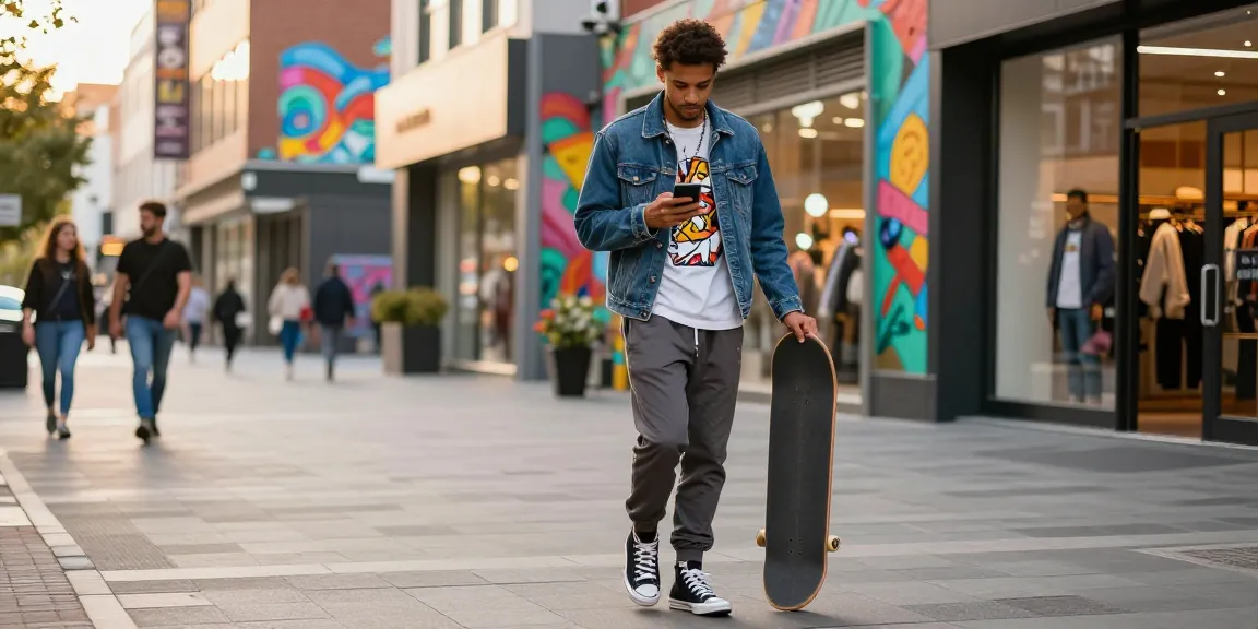 Youth in stylish outfit exploring urban fashion trends with rokok88 super skateboard in city.