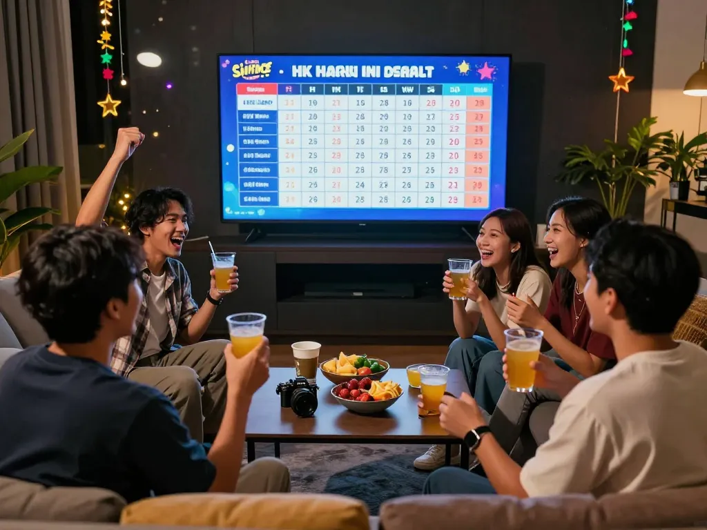 Friends cheering together during HK Hari Ini live draw event, celebrating lottery results.