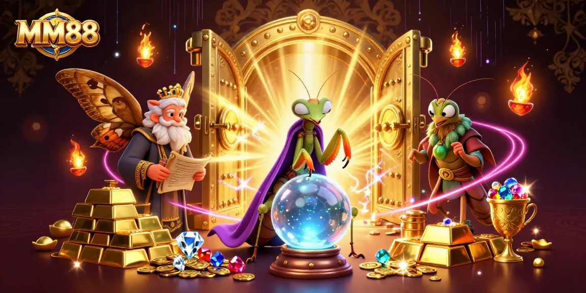 Experience the enchanting MM88 world with fortune tellers and shimmering treasures surrounding them.