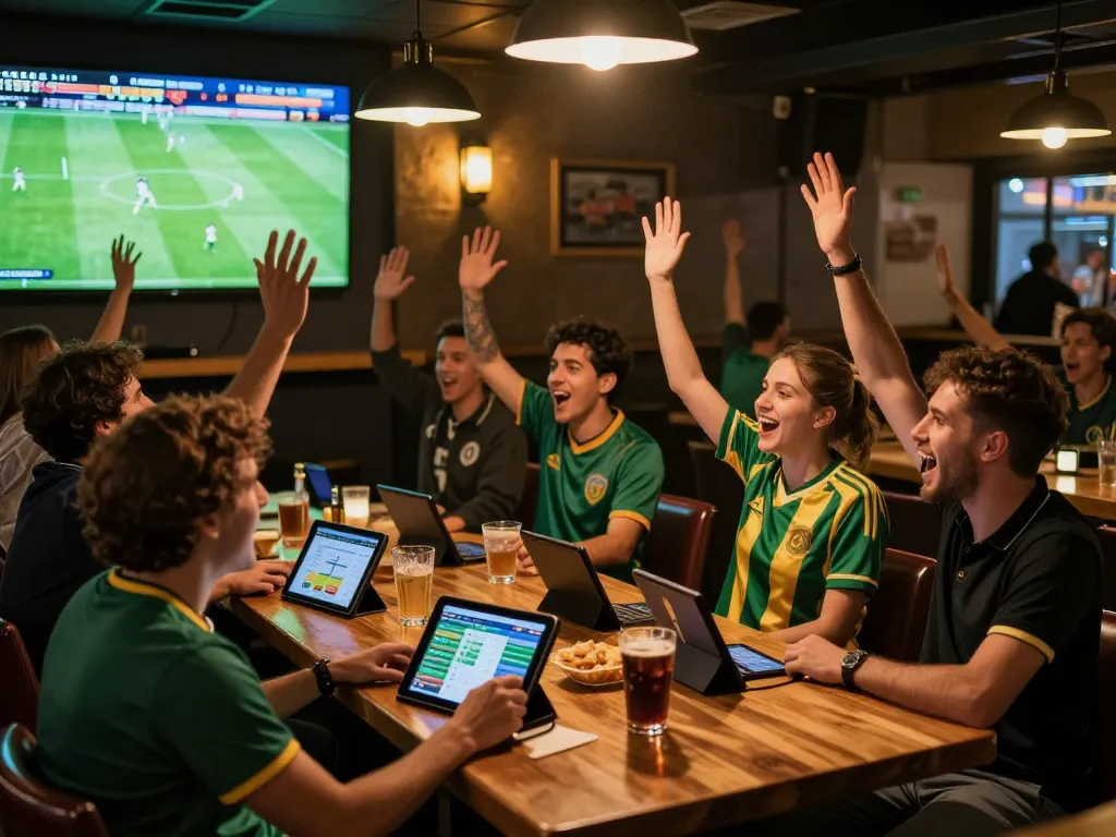 Patrons engaging in live sports betting at a vibrant sports bar, experiencing the excitement of keobongda during a soccer match.
