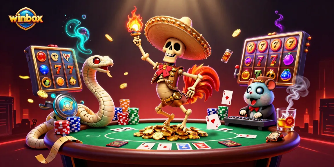 Winbox illustration showcasing a vibrant casino scene with a cartoon mariachi rooster celebrating amidst poker and slot elements.
