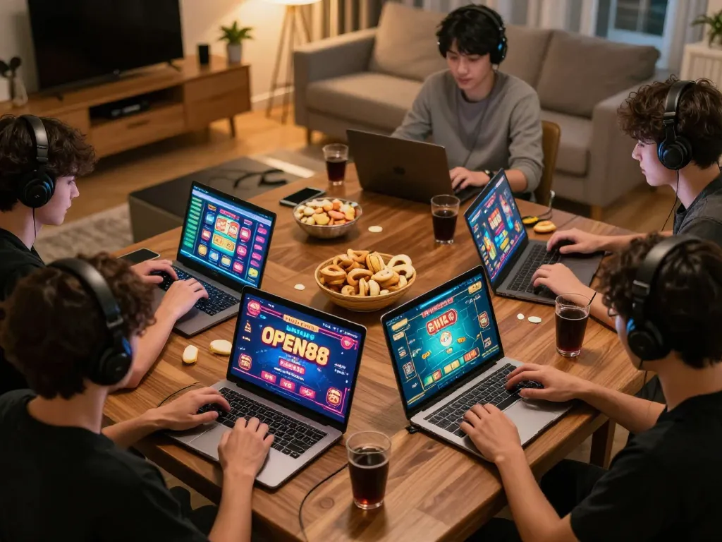 open88 online players engage in games with vibrant graphics in a cozy home atmosphere